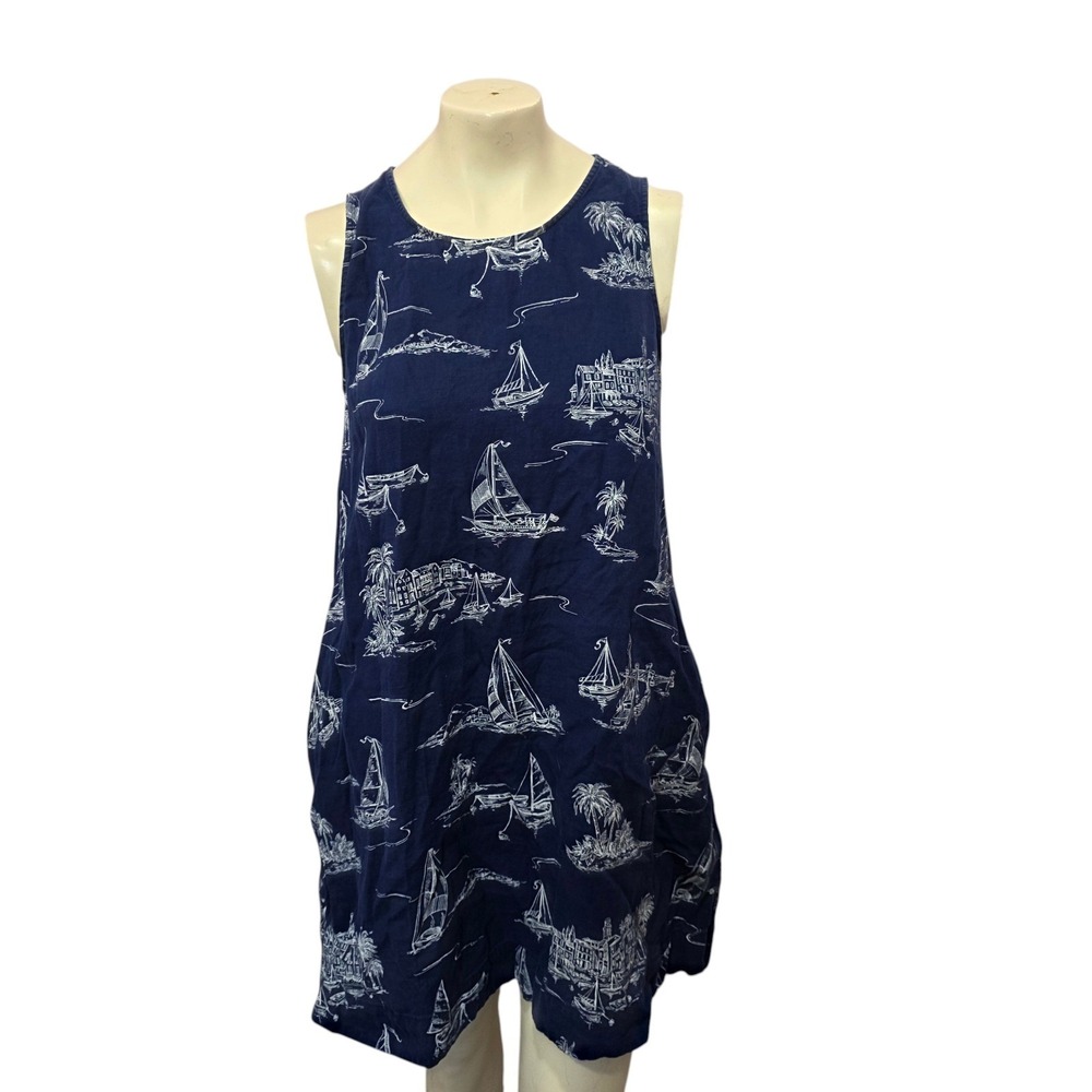 Cynthia Rowley Dress M 100% Linen Navy Sailboat Coastal Nautical Shift‎ Pockets
